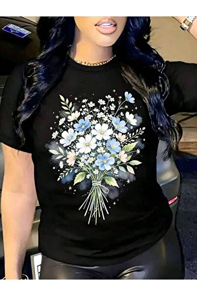k222 Casual Floral Bouquet Print Women's T-Shirt Summer Spring Gift For Her