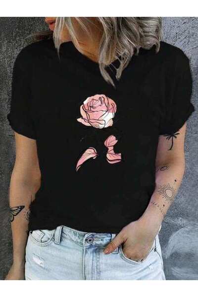 25W Oversized T-Shirt, Loose Fit, Flat Floral Print Crew Neck-Shirt, Casual S...