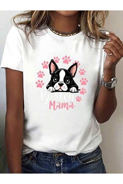26LIK Casual T-Shirt Crew Neck-Shirt Featuring A Terrier Design With Pink Paw...
