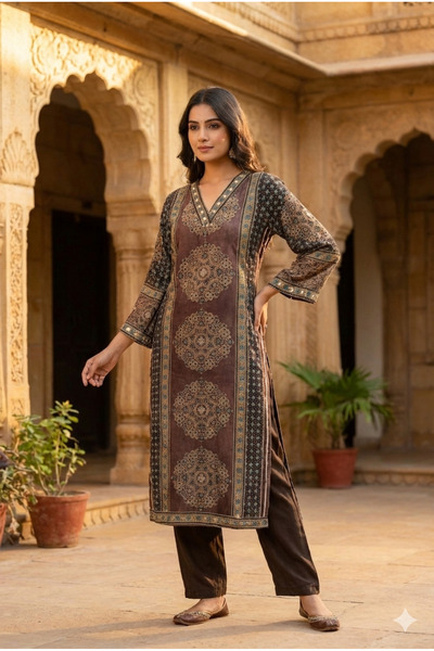 zaahi designs Deep Brown Ajrakh Print Kurta Pant set