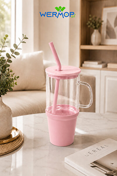 SAFİR 1000 ml Glass Big Mug with Bamboo Lid and Steel Straw, Large Size Mug T...