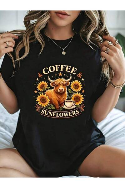 kai22 Casual Vintage Women's T-Shirt And Sunflowers Highland Cow Graphic Summ...