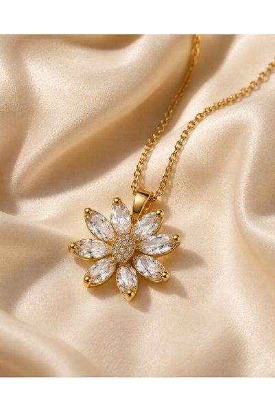 Rafal Luxury Gold Flora Chain Necklace for Women - Golden Big Flower Pendant Necklace with Shiny Crystal Stones