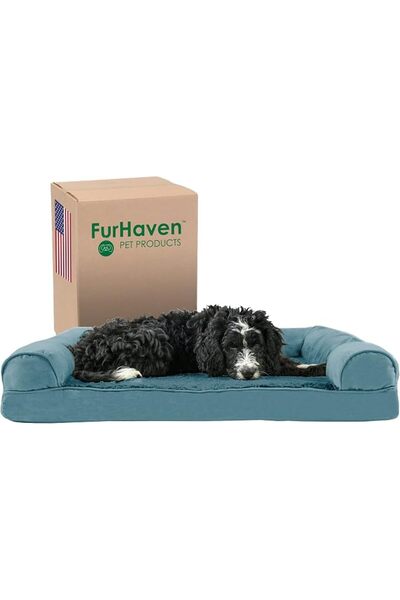 Furhaven غطاء سرير للكلاب من الفرو الصناعي فائق النعومة وشمواه بنمط كنبة تقلي...