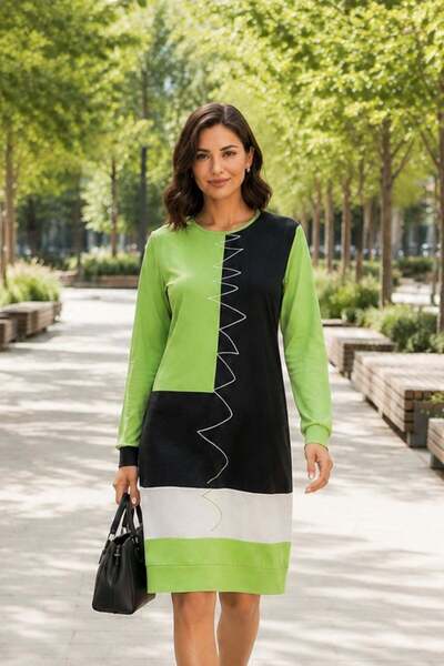 Mossta Geometric Patterned Long Sleeve Modal Tunic Dress - Green