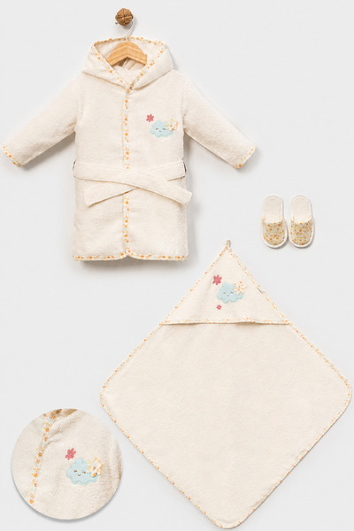 Bebitof Hooded Embroidered Baby Bathrobe Set (Bathrobe + Towel + Slippers)
