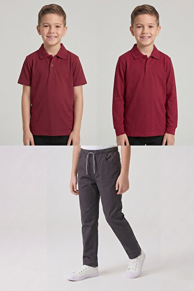 nacar çarşı Boys' School Burgundy Long and Short Sleeve Polo Collar T-Shirt S...