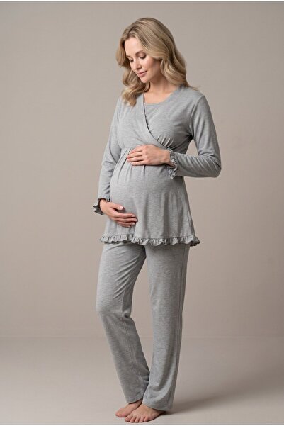 Generic Brand Women's Gray Double-Breasted Collar Breastfeeding Detailed Long...