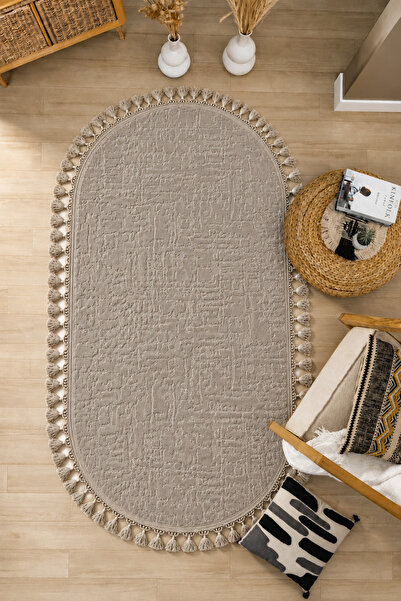 Merinos Rölyef Zeo Oval Örgü Saçaklı Kaymaz Taban Yıkanabilir Salon Koridor M...