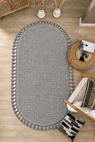 Merinos Rölyef Zeo Oval Örgü Saçaklı Kaymaz Taban Yıkanabilir Salon Koridor M...