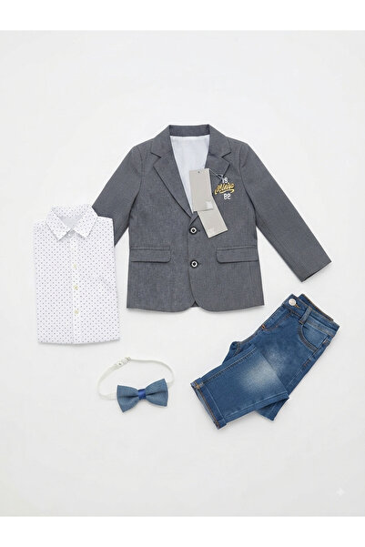 Minik mooda Boys' 4 Piece Suit Set Jacket Shirt Jean Pants Bow Tie Stylish Co...