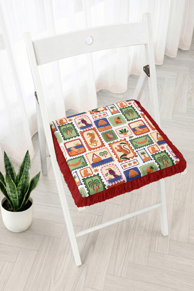 Realhomes Patchwork Patterned Fringed Zippered Chair Cushion with Exotic Anim...