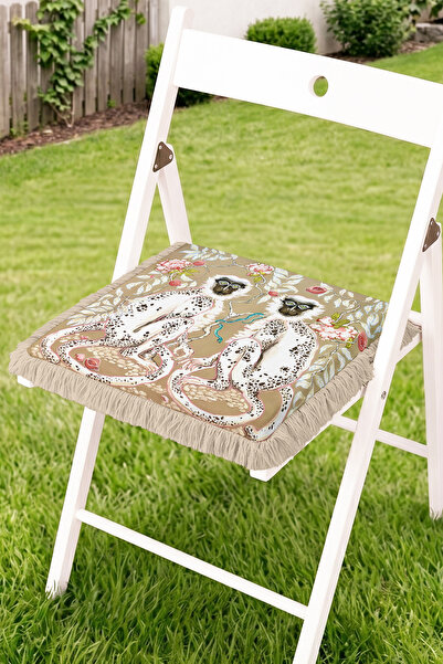 Realhomes Fringed Zippered Chair Cushion with Two Lemurs and Floral and Leaf ...