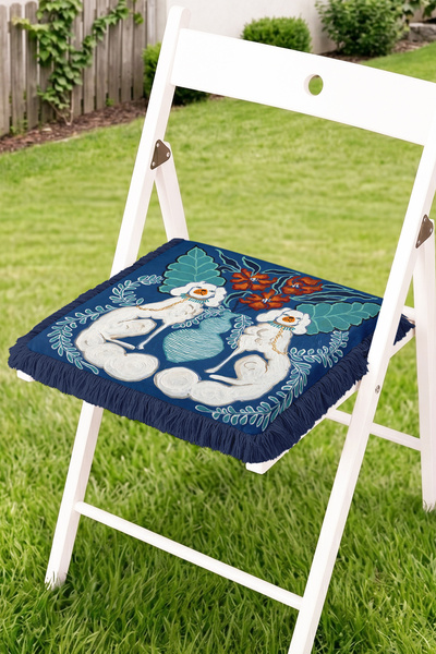Realhomes Fringed Zippered Chair Cushion with Cat, Flower, and Leaf Pattern -...