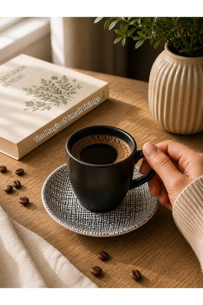 Karçiçeği Home 6-Piece Matte Black Ceramic Turkish Coffee Cup Set – Premium Coffee Set with Modern Patterned Saucers