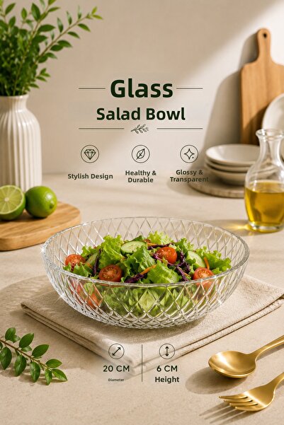 Rotanev Modern Diamond Patterned Glass Salad Bowl Fruit Serving Bowl Medium S...