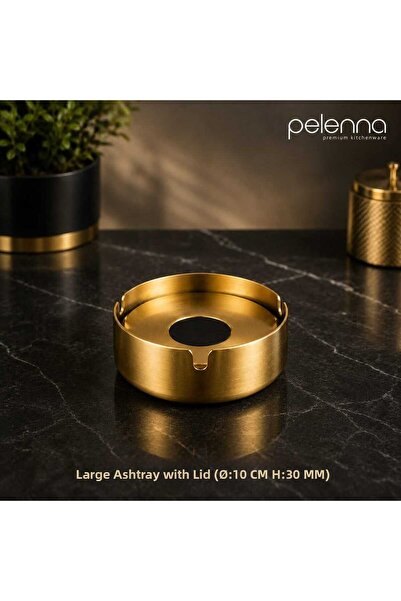Pelenna 5 Pieces of Luxury Steel Ashtray with Round Lid, Pvd Gold Plated; 10 Cm.