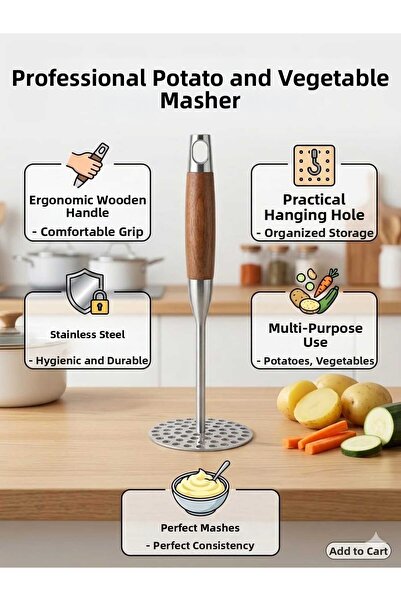 LOVYCO Professional Wooden Handle Stainless Steel Potato and Vegetable Masher...
