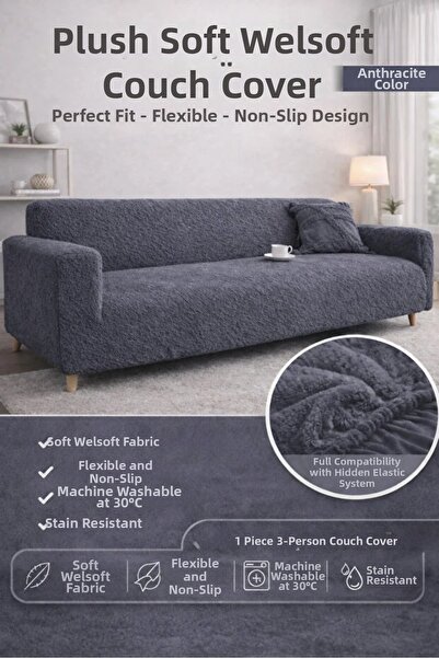 elyar Plush Plain 3-Seater Welsoft Sofa Cover |   Elastic Sofa Cover | Sofa B...