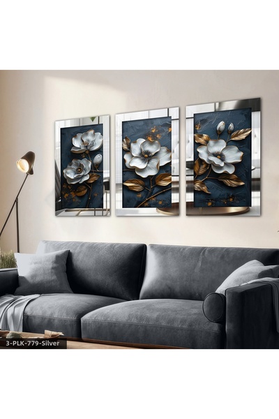 Evinemoda Antique Detailed Gray Flower 3 Piece Plexi Mirrored Table