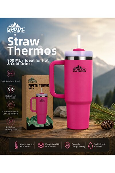 North Pasific North Pacific 900 ml Stainless Steel Thermos Cup with Straw Pin...