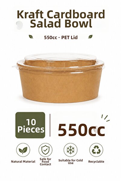 alenked Kraft Cardboard Salad Bowl 550Cc Pet Lid Set of 10