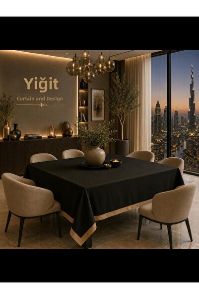 YİĞİT PERDE TASARIM مفرش طاولة مخملي بملمس ناعم بلون الجمل على خلفية سوداء
