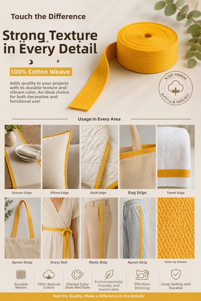 seyranat 3 Meters, Width 3 cm Yellow Color Cotton Lightweight Thin, Straw Pat...