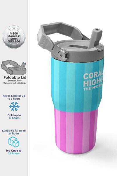 Coral High 600 ml Turquoise Pink Line Patterned Girl's Water Bottle with Stra...