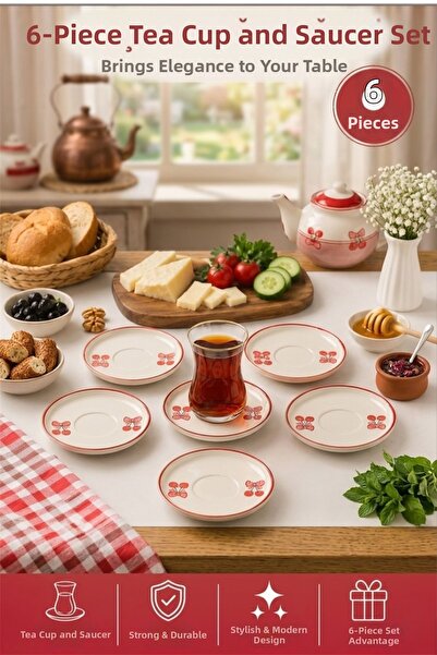 Akkoyunlu home طقم أطباق شاي من 6 قطع بنقشة الكرز - طقم أطباق شاي أنيق من الس...