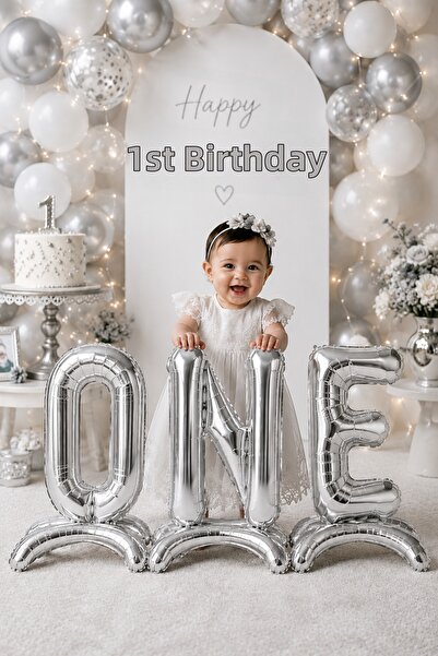 DODOMAR Silver Footed One Written 1 Year Old Foil Balloon Set 75 cm 32 Inch B...