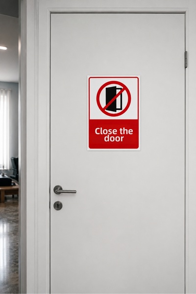 Happynesso "Keep Your Door Closed" Warning Sign 25X35 cm – Foil Printing on Forex, Double-Sided with Tape