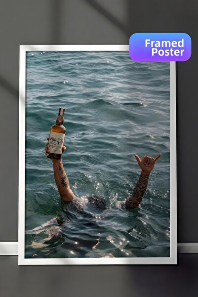 Postifull Arm and Bottle in the Sea Poster, White Framed Poster, Old Money Se...