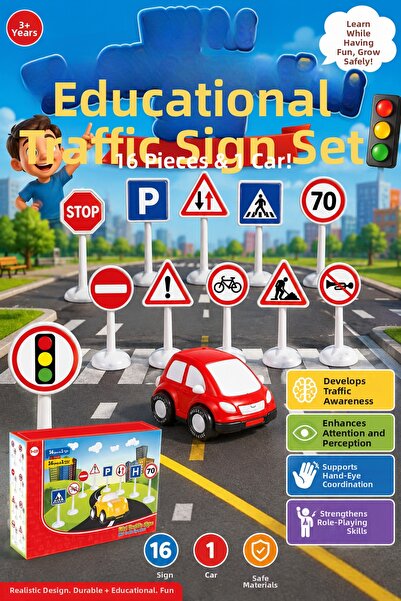 craftivio 17 Piece Mini Traffic Signs Road Set - Educational Set with Toy Car...
