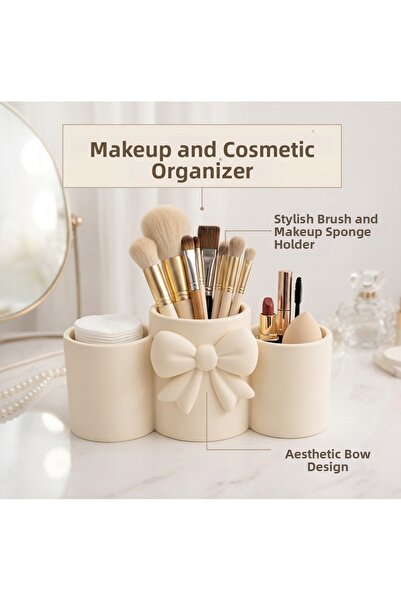 BMS3D Aesthetic Bowknot Detailed 3-Compartment Makeup Organizer - Luxury Brus...