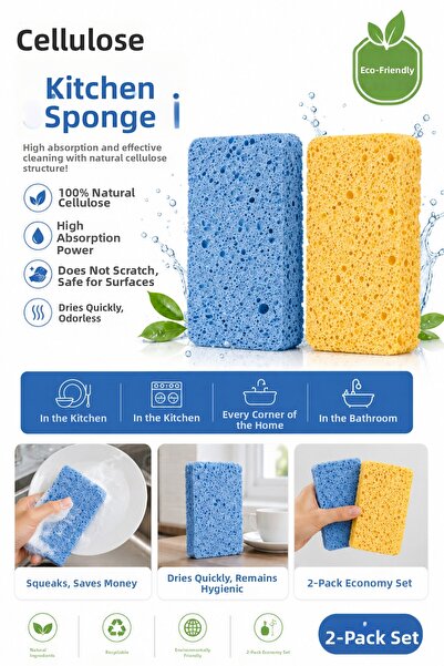 Clean Vibe Cellulose Dish Sponge - 2 Pieces Blue Yellow