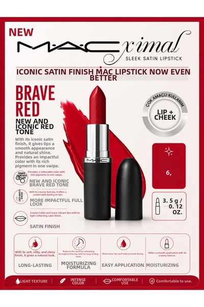 M.A.C Brave Red - Macximal Sleek Satin Lipstick Iconic Satin Finish Moisturiz...
