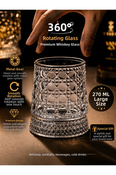 LIOSPIN Metal Bearing 360 °   Rotating Premium Glass Cup |   Crystal Patterne...