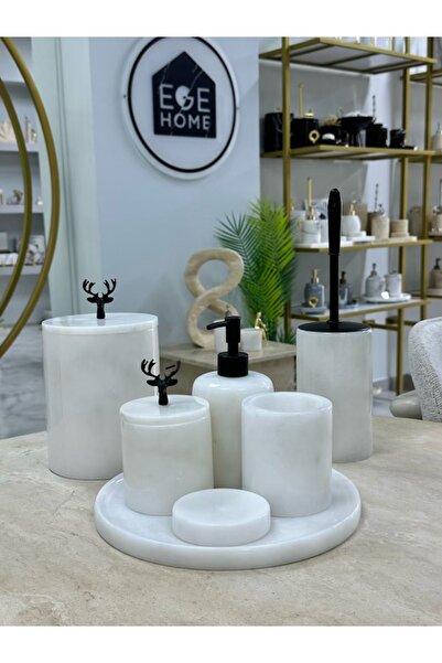 ege gross Decorative Natural White Marble 7-Piece Bathroom Set with Black Det...