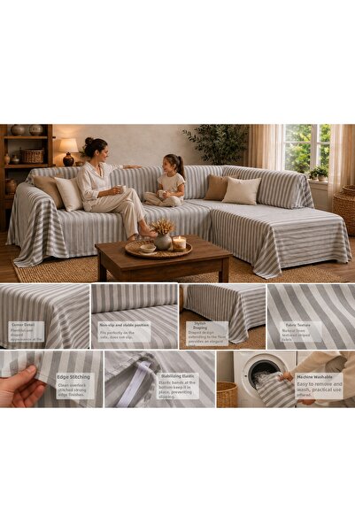 Sister Home Design 500x200 εκ. Κάλυμμα γωνιακού καναπέ L Ριγέ λινό σε φυσικό ...