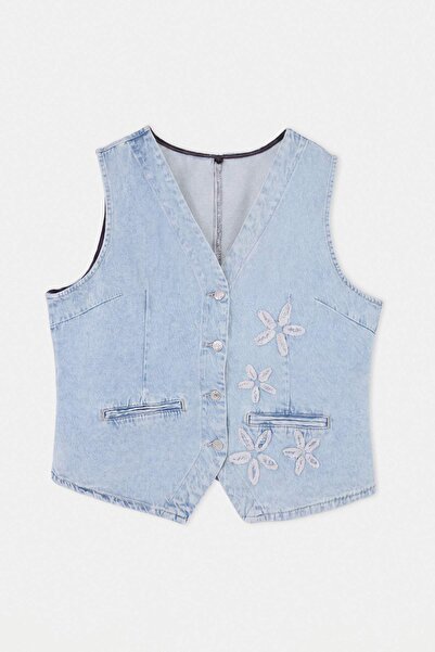 Trendyol Curve Light Blue Floral Embroidered V-Neck 100% Cotton Non-Stretch P...