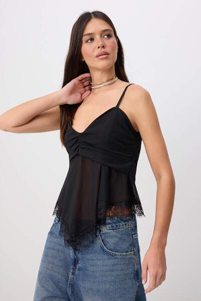 Trendyol Collection Black Plain Regular Fit V-Neck Lace Detailed Tulle Knitte...
