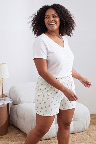 Trendyol Curve Set de pijamale tricotate cu model floral verde, mărime mare T...