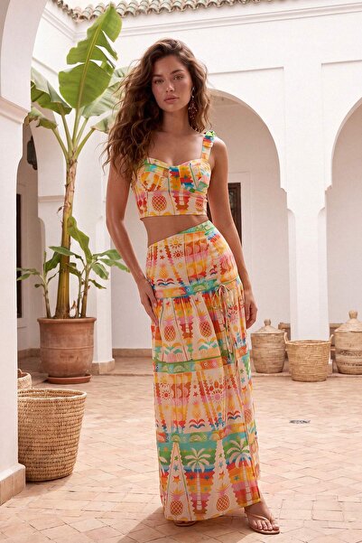 Trendyol Collection Set de fuste bluză de plajă țesute cu imprimeu tropical, ...