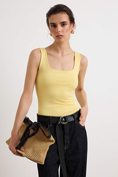 Trendyol Collection Light Yellow Fitted/Square Neckline Detailed Back Panel S...