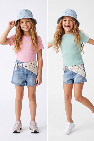 TRENDYOLKIDS Πλεκτό T-Shirt με Κέντημα σε Ροζ-Μέντα / Κεντημένο Πλεκτό T-Shir...