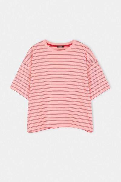 Trendyol Curve Pink Striped Boxy/Relaxed Fit Short Sleeve Cotton Blend Knitte...