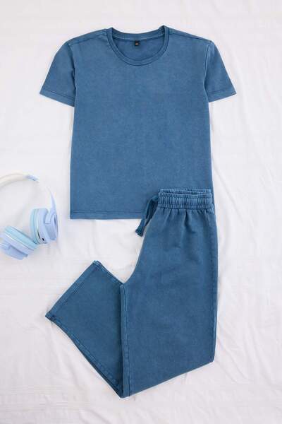 TRENDYOLKIDS Indigo Plain Knitted Bottom - Top Set Tkdss26Au00011