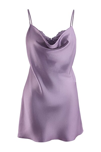 Trendyol Kollektion Lila 100% Polyester Einfarbiges Satin-Webstoff-Nachthemd ...