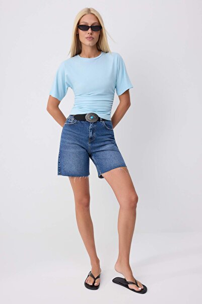 Trendyol Collection Light Blue Plain Fitted Crew Neck Three Quarter Sleeve Ga...
